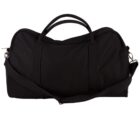 A black duffel bag with two handles and a shoulder strap. The bag is rectangular with a slightly curved top and appears to be made of a fabric material. The background is plain white.