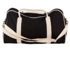 A black duffel bag with white handles and a detachable shoulder strap. The bag is cylindrical in shape and features white piping along the edges.