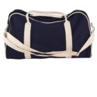 A black duffel bag with white straps, handles, and piping, shown against a plain white background. The bag has a shoulder strap attached for easy carrying.