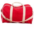 A bright red duffel bag with cream-colored handles and an adjustable shoulder strap. The bag has a simple, solid design with a slightly rounded top and contrasting trim along the edges.