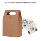 Brown paper gift bag with handle, and assorted stickers displayed.