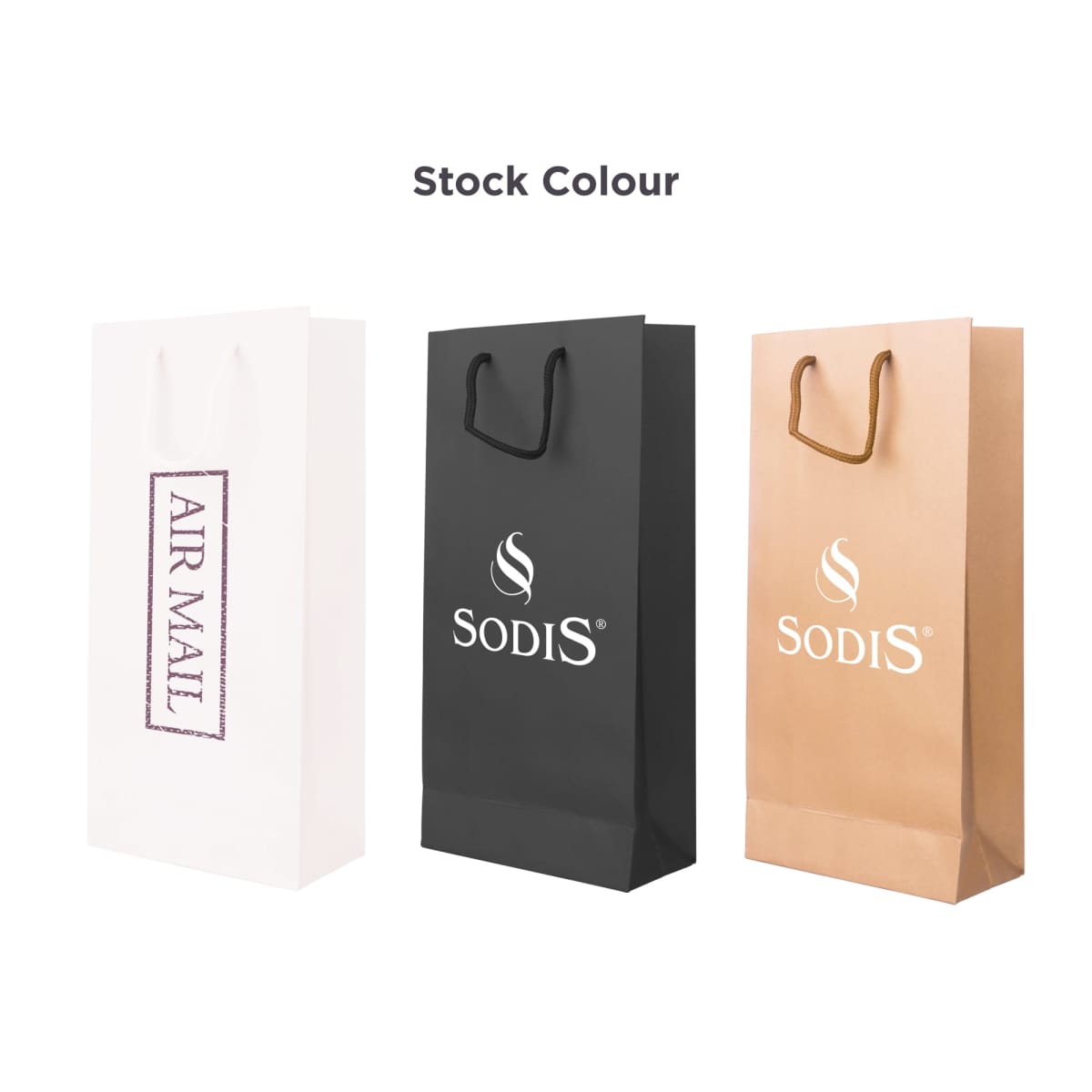 Three shopping bags in white, black, and brown with logo designs.