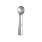 Silver metal ice cream scoop with a smooth, rounded handle on a plain white background.