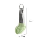 Set of green measuring spoons with dimensions labeled.