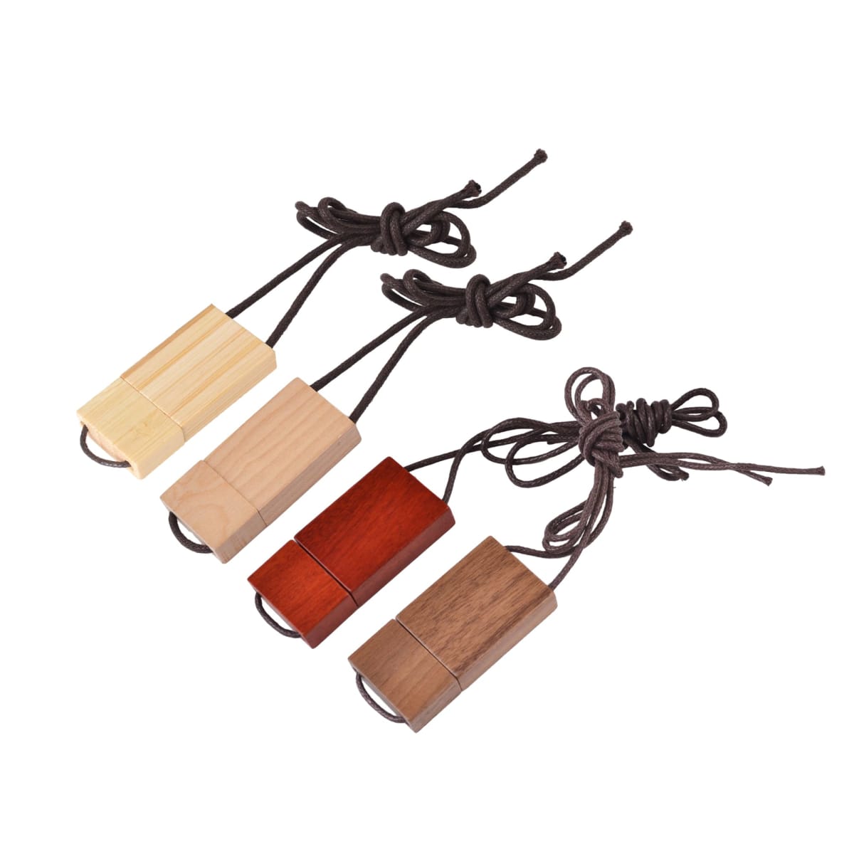 Four wooden USB drives with cords in beige, light brown, red, and dark brown.
