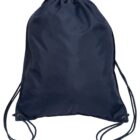 A dark navy drawstring backpack with rope handles on a white background.