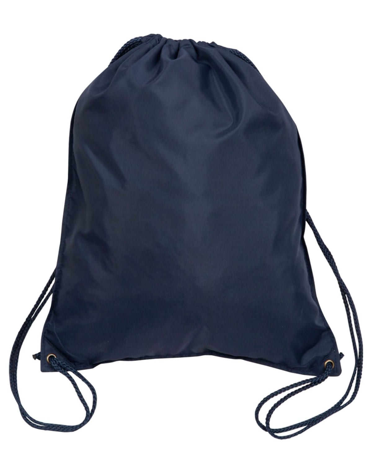 A dark navy drawstring backpack with rope handles on a white background.