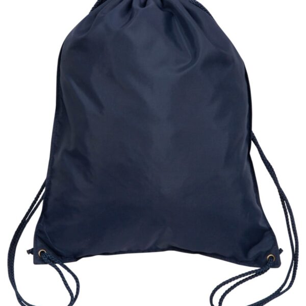 A dark blue drawstring backpack with black cords.