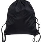 A black drawstring backpack with thin straps displayed against a white background.