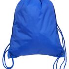 Blue drawstring backpack with rope handles shown against a white background.