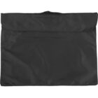 A black, folded garment bag with a handle on top.