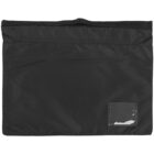 Black rectangular fabric pouch with a transparent pocket at the bottom right corner.
