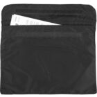 Black document pouch with papers partially inserted into its top opening.