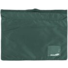 Green, rectangular fabric pouch with a small clear pocket on the lower right corner.
