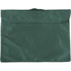 Green fabric pouch with a flap and handle on top.