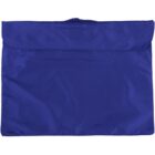 Blue fabric pouch with a flap and a handle on top.