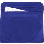 Blue fabric envelope with velcro closure and papers partially visible inside.