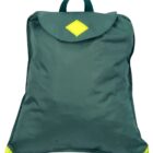 A green backpack with neon green accents, viewed from the front.