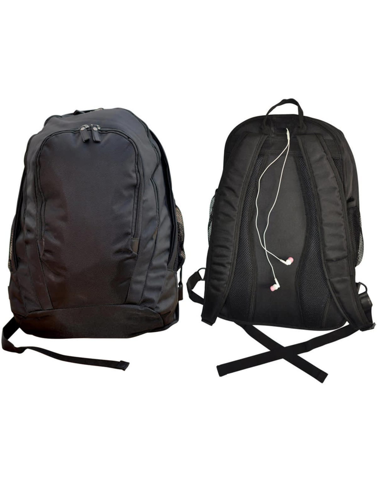 Two black backpacks, front and back view, with earphones hanging from the right backpack.