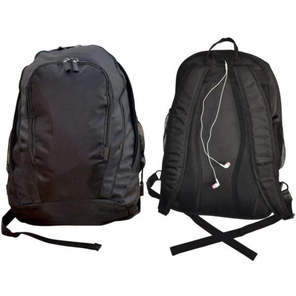 Two black backpacks; one front view, one back view with earphones hanging.