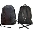 Two black backpacks, one front view and one back view with white earbuds on top.