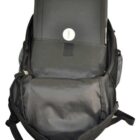 A black laptop partially inside an open black backpack.