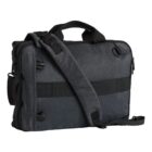 Dark gray messenger bag with black strap and handles on a white background.