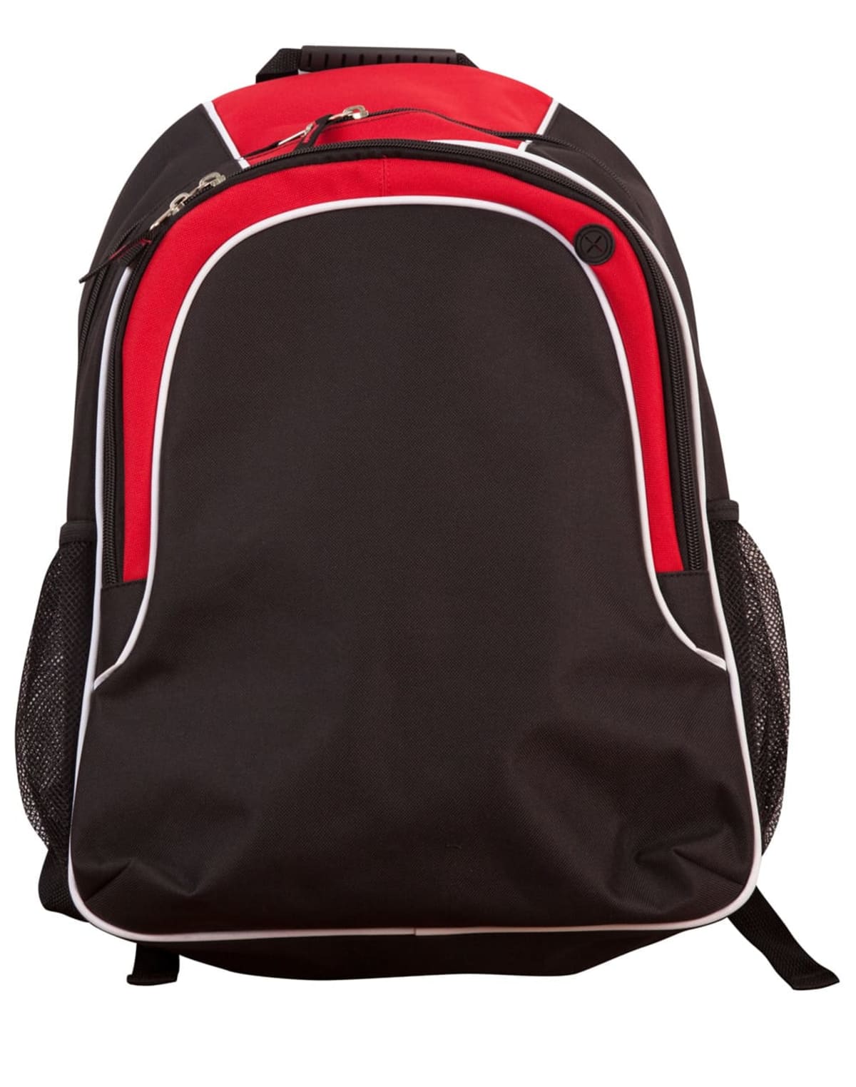 Black and red backpack with white piping and side mesh pockets.