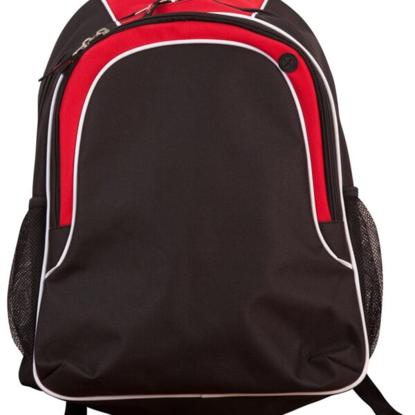 Black and red backpack with white accents and side mesh pockets.