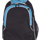 A black and blue backpack with a zippered front pocket and mesh side pockets.