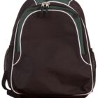 Black and green backpack with white piping details and front zip pocket.
