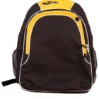 Black and yellow backpack with multiple pockets and a handle on top.