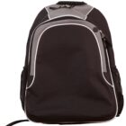 Black and gray backpack with side mesh pockets and a zippered front.