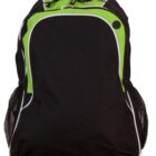 Black and green backpack with white piping, multiple compartments, and mesh side pockets.
