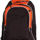 Black and orange backpack with multiple zippered compartments and side mesh pockets.