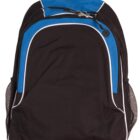 Blue and black backpack with mesh side pockets and a front zipper pocket.