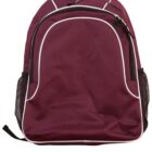 Maroon backpack with white piping and black mesh side pockets.