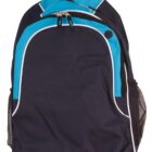 Blue and black backpack with white trim and mesh side pockets.