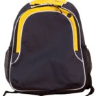 Black and yellow backpack with white trim and a zippered front pocket.