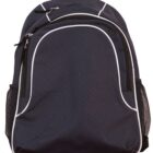 Black backpack with white piping and multiple zippered compartments.