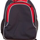 Red and black backpack with white trim and zippered compartments.