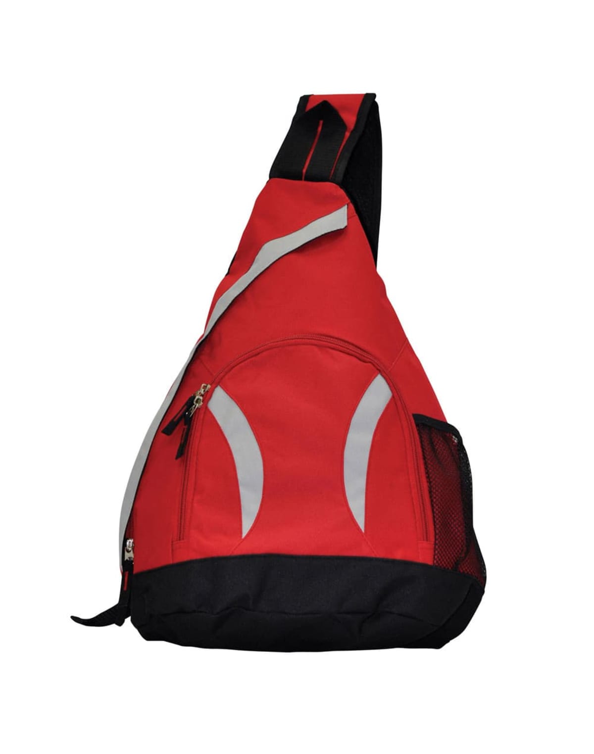 Red and black sling backpack with zippers and mesh side pocket.