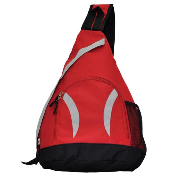 Red and black sling backpack with a zipper pocket and mesh side pocket.
