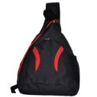 Black and red sling backpack with multiple compartments against a white background.
