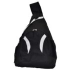 Black sling backpack with white accents and zipper pockets.