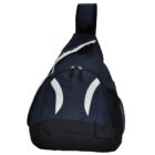Blue and black sling backpack with zippered pockets and a single strap.
