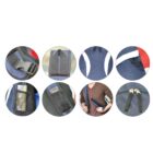 Close-up details of a blue and black backpack with various zippers and pockets.