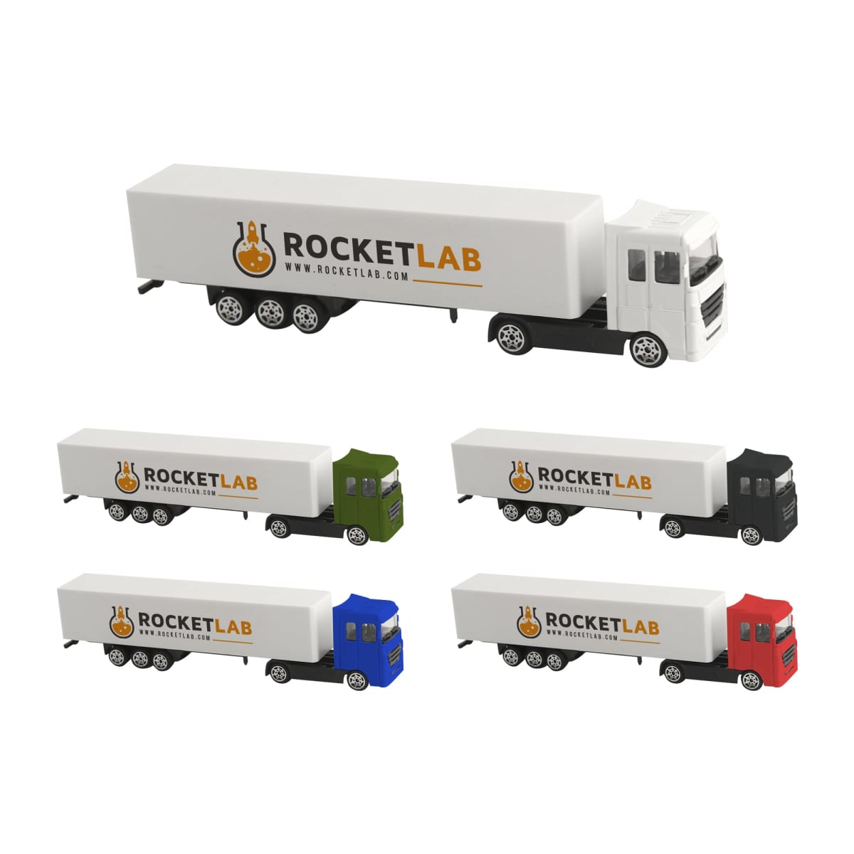 Five toy trucks with RocketLab logos in white, black, green, blue, and red.