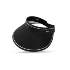 Black sun visor with white trim and adjustable strap.