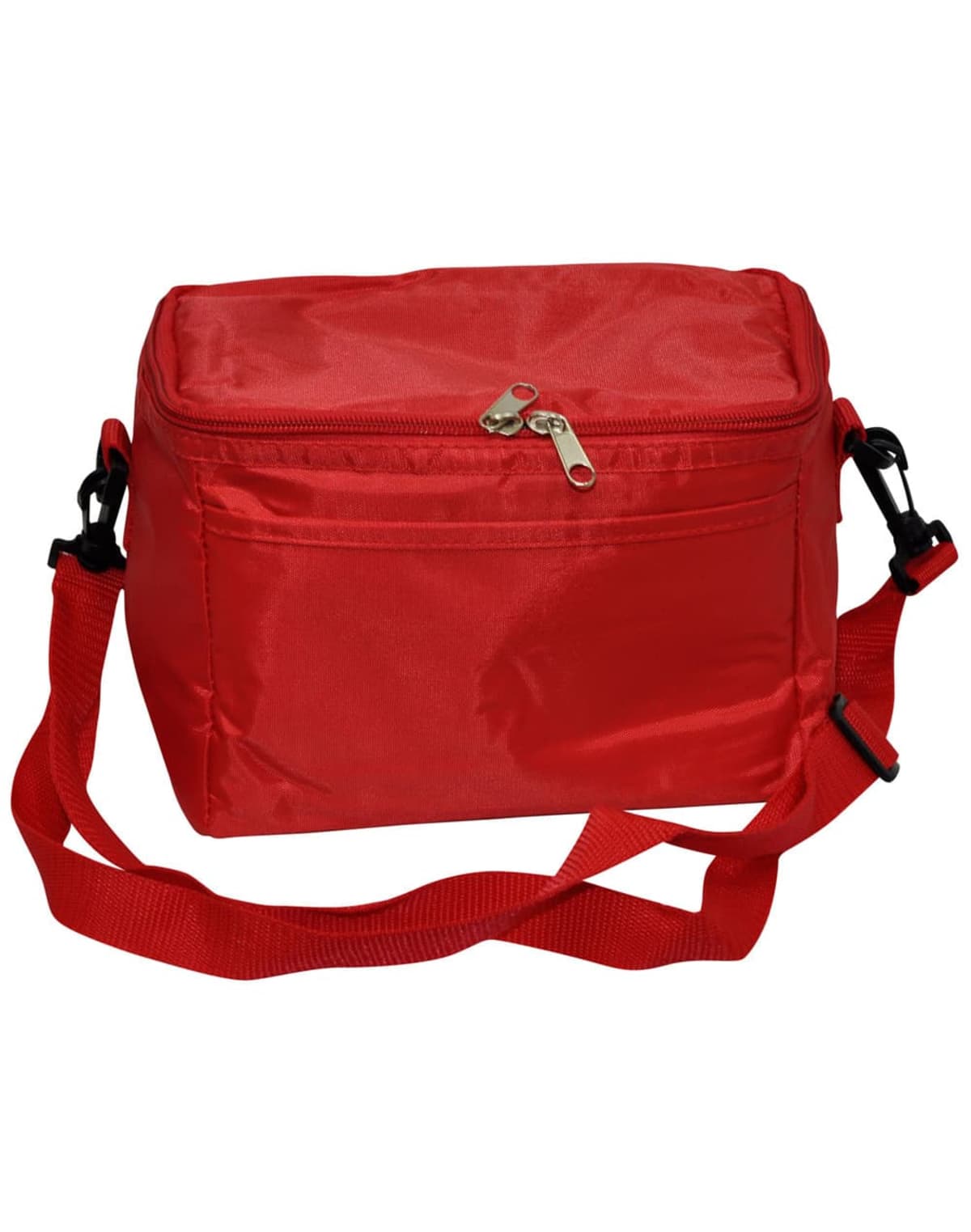A red insulated lunch bag with a zippered top and an adjustable strap.